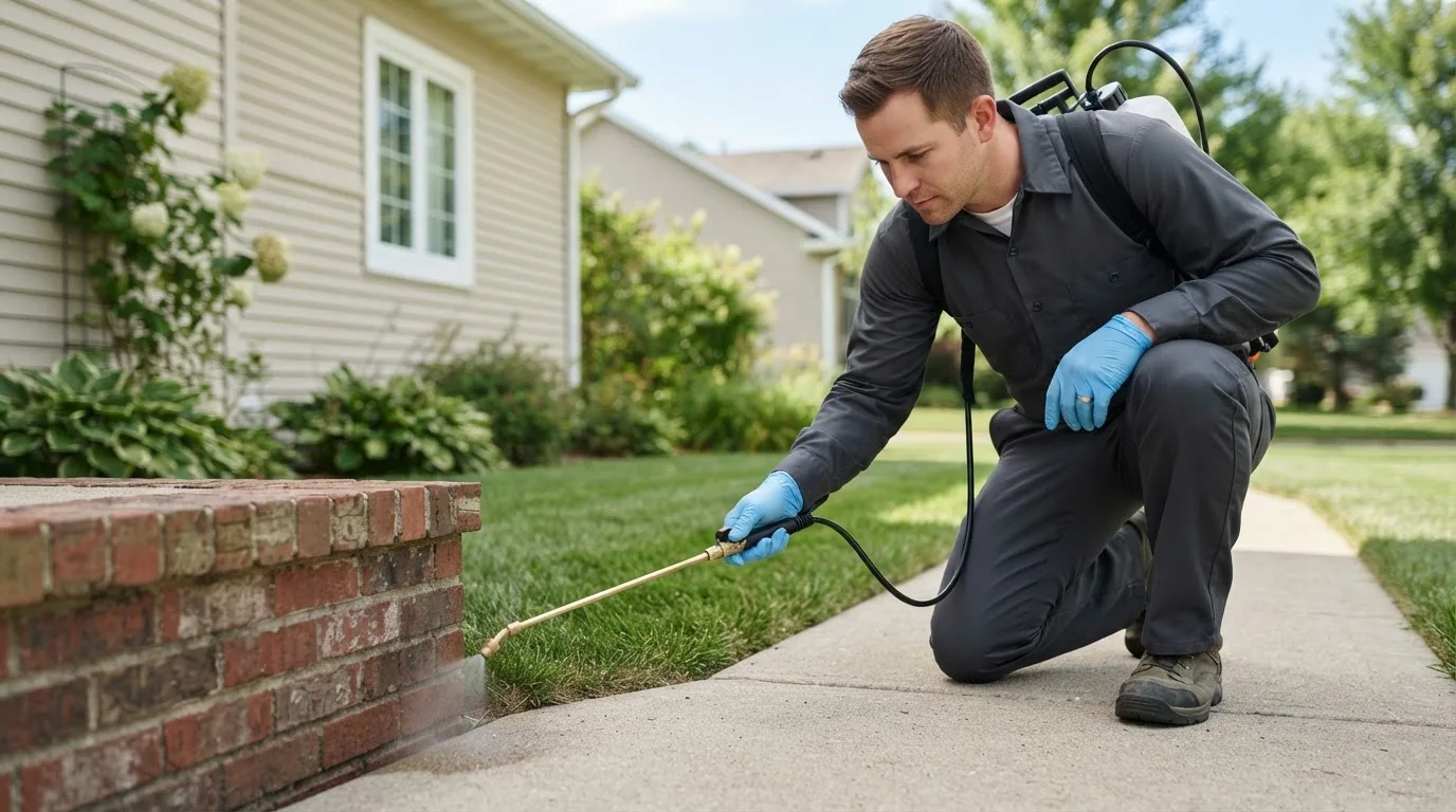 Pest control technician treating a home near Larchwood, IA