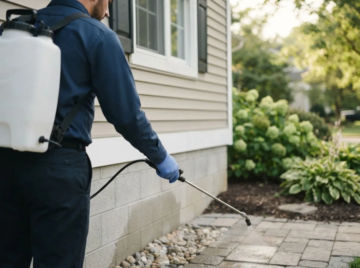 Pest control technician inspecting a home in Larchwood, IA